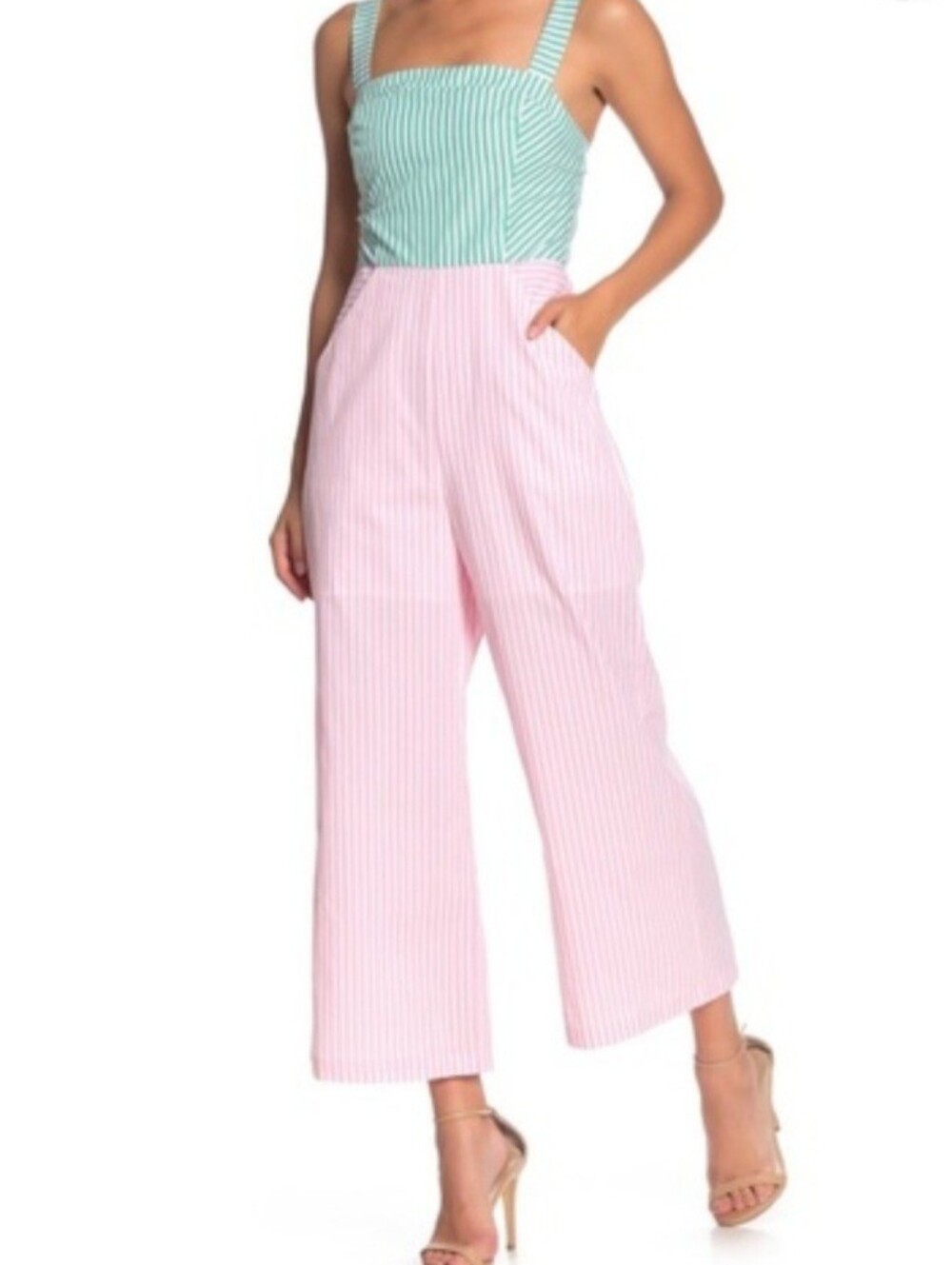 BCBGeneration Mint and Pink Striped Square-Neck Jumpsuit, Size 12